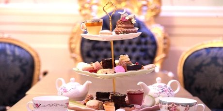 Etagere with pastries, coffee and tea