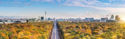 wide Berlin skyline over autumn colored  Tiergarten