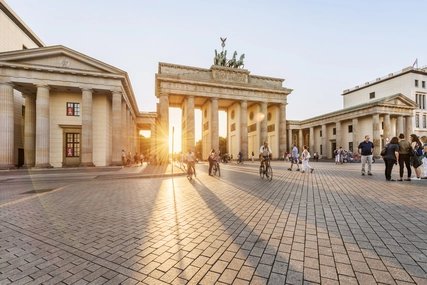 The Berlin landmark Brandenburg Gate in sunlight