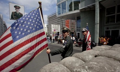 Berlin Wall, US soldiers at Checkpoint Charlie after 1989