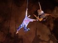 Zirkusartisten im Cirque Du Soleil an Seilen in der Luft.