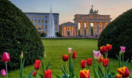 BerlinBrandenburger Tor am Pariser Platz mit einem Springbrunnen und schönen bunten Tulpen im Vordergrund im Frühling bei Sonnenuntergang